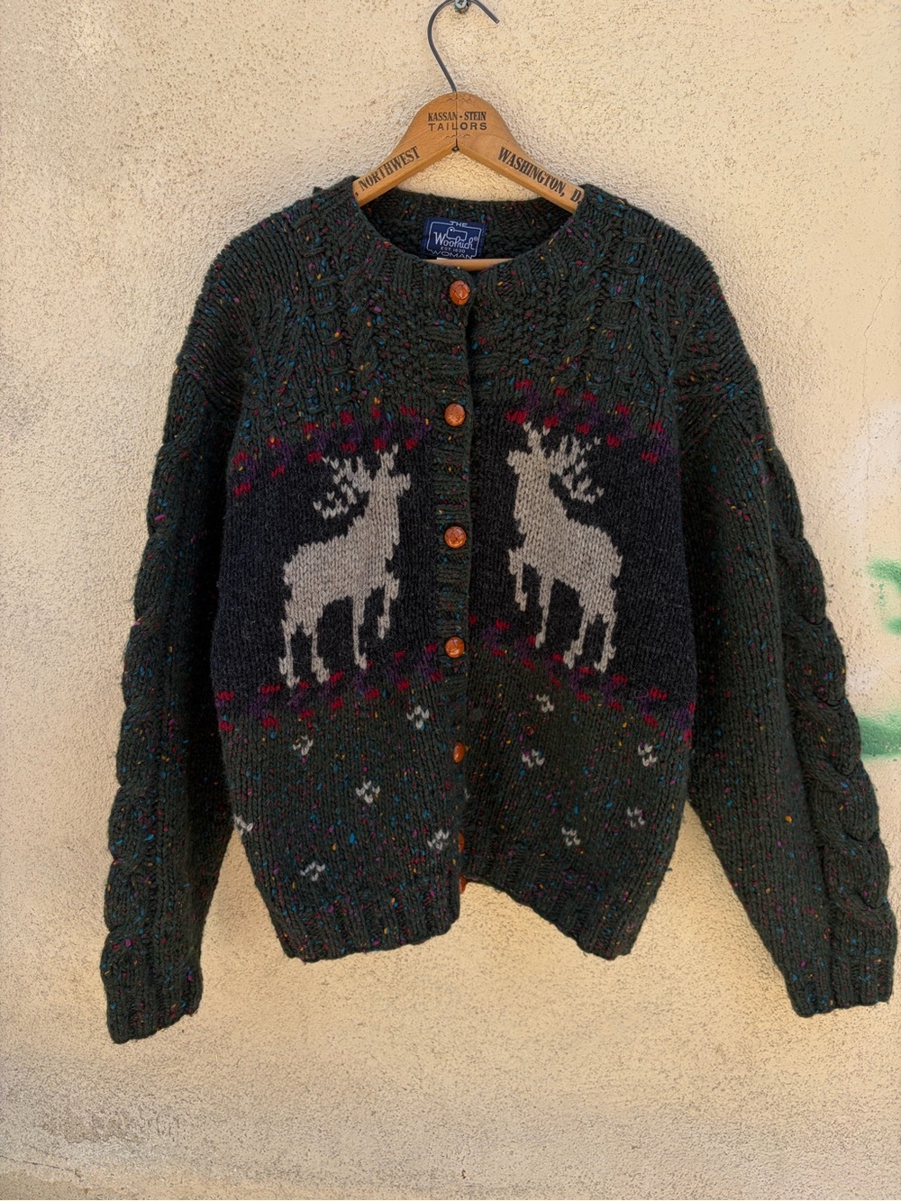 Woolrich Vintage 90s Dark Green Reindeer Knit Cardigan with Cream Motif
